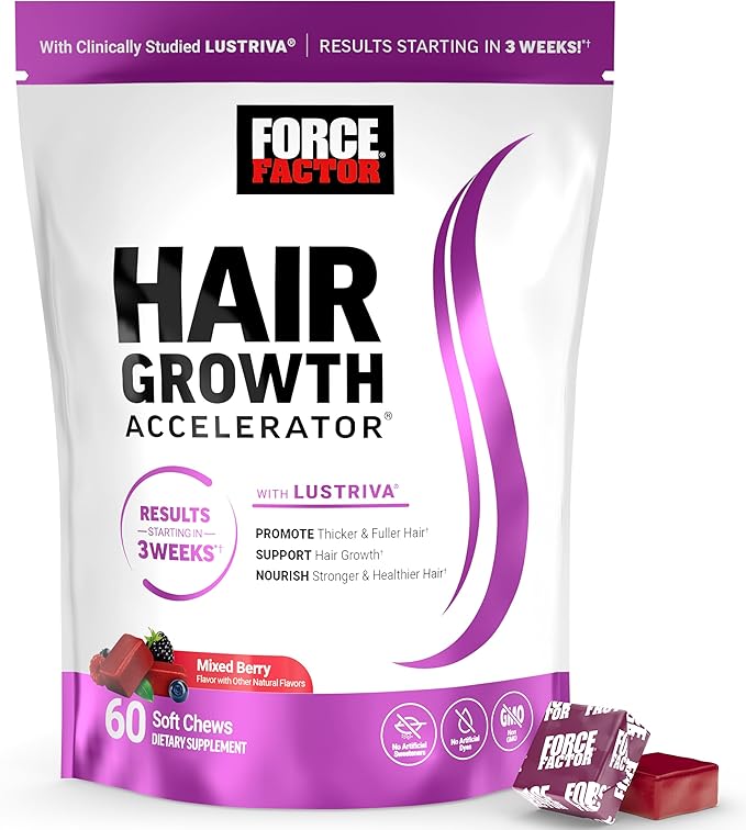 Force Factor Hair Growth Accelerator Soft Chews Hair Growth Vitamins for Women and Men with Clinically Studied Lustriva and Biotin Promotes Thicker Fuller Stronger Hair Mixed Berry 60 Soft Chews
