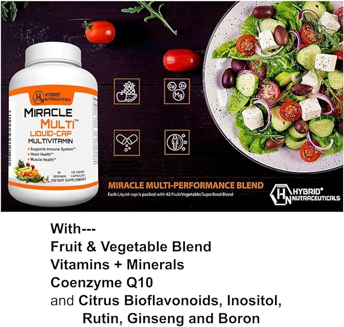 MiracleMulti Liquid Multivitamin Capsules for Men &amp Women - Complete Whole Food Blend Daily Vitamin &amp Mineral Supplement with CoQ10 B12 42 Superfood Enzyme - 120 Softgels