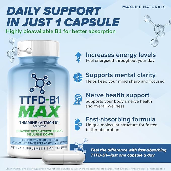 MaxLife Naturals TTFD Thiamine B1 Supplement – 60 Capsules High Potency Vitamin B1 Thiamine Supplement for Focus Supports Optimal Nerve Function TTFD-B1 Max Formula with Magnesium Made in USA