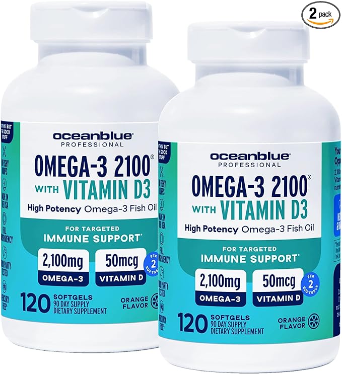Oceanblue Professional Omega-3 2100 with Vitamin D3 120 ct - 2 Pack Triple Strength Burpless Fish Oil Supplement with High-Potency EPA DHA DPA and Vitamin D3 Wild-Caught Orange Flavor