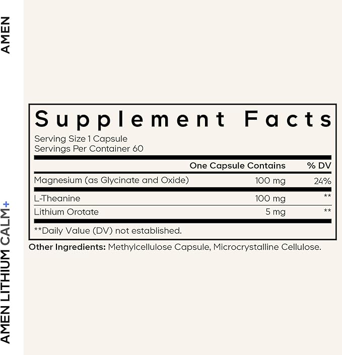 Amen Lithium Calm+ Supplement - Lithium Orotate Pills with Magnesium Glycinate &amp Oxide L-Theanine - Gluten-Free Non-GMO - 60 Capsules