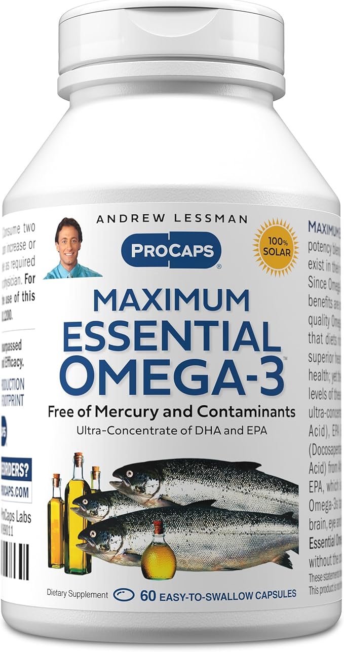 ANDREW LESSMAN Maximum Essential Omega-3 Unflavored 60 Softgels - Ultra-Pure Omega-3 Fish Oil 1200 mg-High DHA No Mercury Supplement-Small Easy to Swallow Fish Oil Capsules