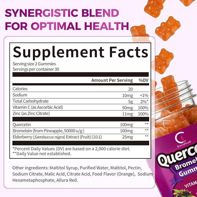 Quercetin Gummies Quercetin with Bromelain Vitamin C Zinc &amp Elderberry High Potency Immune Support Respiratory Health &amp Antioxidant Supplement for Adult &amp Kid Vegan 60 Gummies (2 Pa