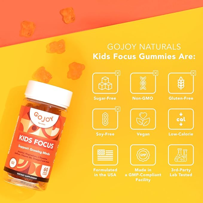 GOJOY NATURALS Kids Focus Gummies – Saffron Magnesium Glycinate L-Theanine &amp Inositol Supplement for Kids &amp Teens – Focus Attention &amp Calm – Vegan Sugar-Free Non-GMO