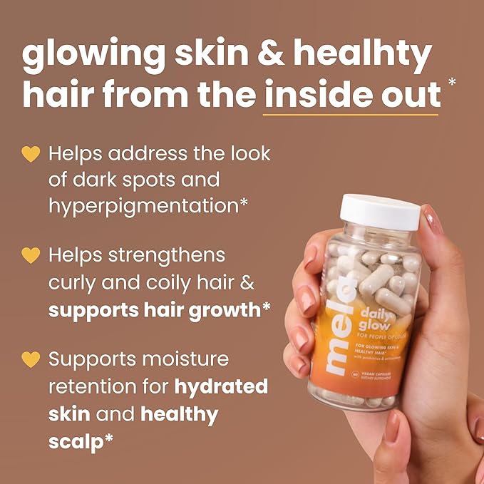 Mela Daily Glow for Healthy Melanin-Rich Skin &amp Textured Hair – with Silica Millet Pumpkin Seed Probiotics Hyaluronic Acid &amp Vitamin D3 – Vegan Biotin-Free Gluten &amp Soy-Free – 60 Cou