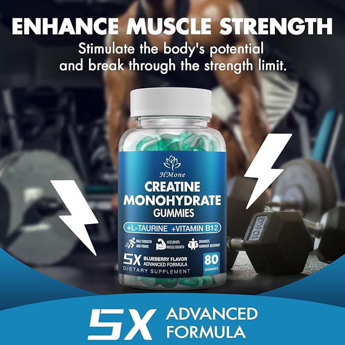 Creatine Monohydrate Gummies - 5g for Men &amp Women 160 Count and Creatine Chewable Supplements for Muscle Gain Muscle Strength Energy Boost and Muscle Builder Sugar Free Vegan (Blueberry)