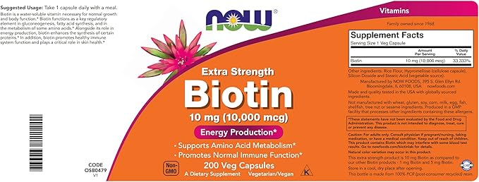 NOW Foods Extra Strength Biotin 10000mcg / 10 mg - 200 Count - Hair Skin Nail - Supplement for Men and Women - B7 Vitamin - Vegetarian Vegan Non-GMO