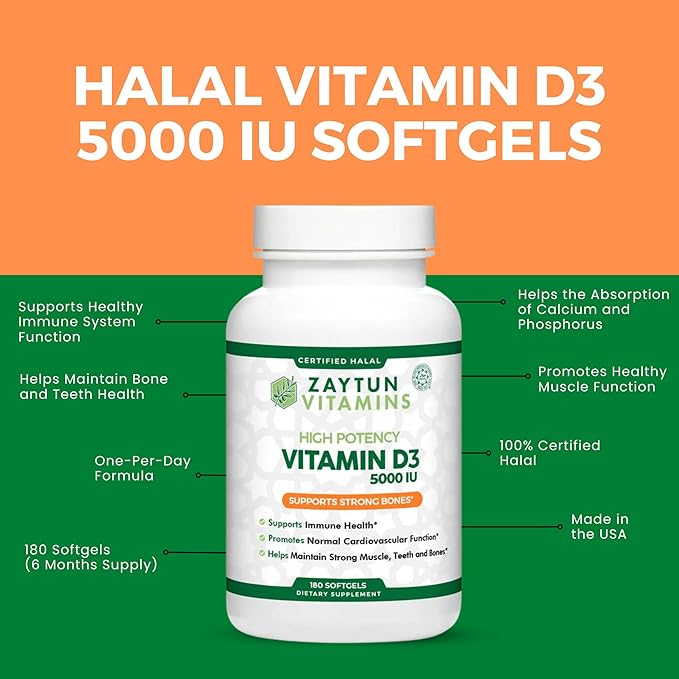 Zaytun Halal Vitamin D3 5000 IU 180 Mini Softgels Supports Bones Healthy Muscle Function &amp Immune Premium Vitamin D from Safflower Oil 6 Months Supply Non-GMO Gluten-Free Made in USA