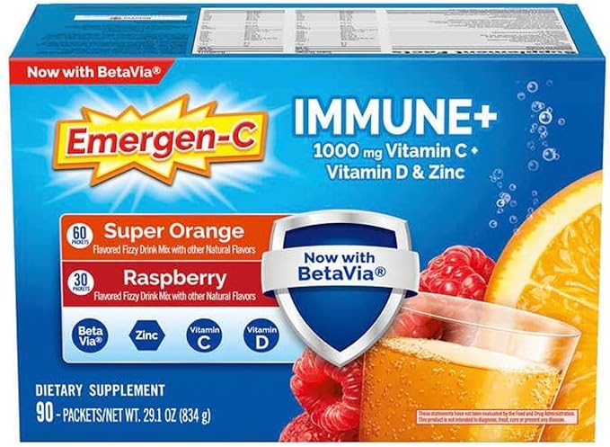 Emergen-C Immune+ 1000 mg Vitamin C + Vitamin D &amp Zinc (Super Orange 60 Ct/Raspberry 30Ct) 90 Packets