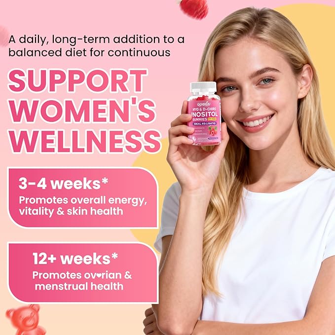 2 Pack Myo-Inositol &amp D-Chiro Inositol Gummies for Women 2000mg + 50mg Ideal 40:1 Ratio with Vitamin D3 Magnesium Glycinate Folate &amp Zinc for Female Raspberry Flavor 120 Count