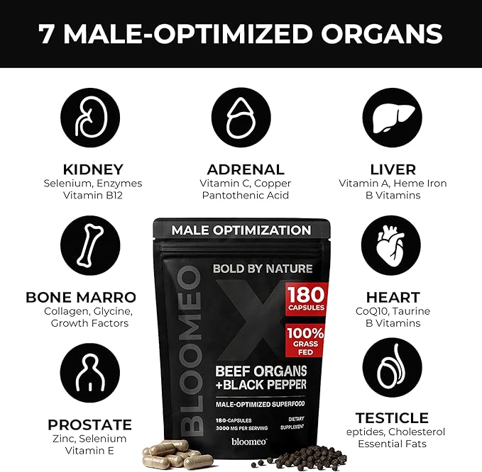 Beef Organ Supplement for Men | 100% Grass Fed Beef Liver Capsules with Bull Testicle Prostate Bone Marrow &amp More X: Ancestral Superfoods for Vital Energy Immunity &amp Men’s Health 180 ct