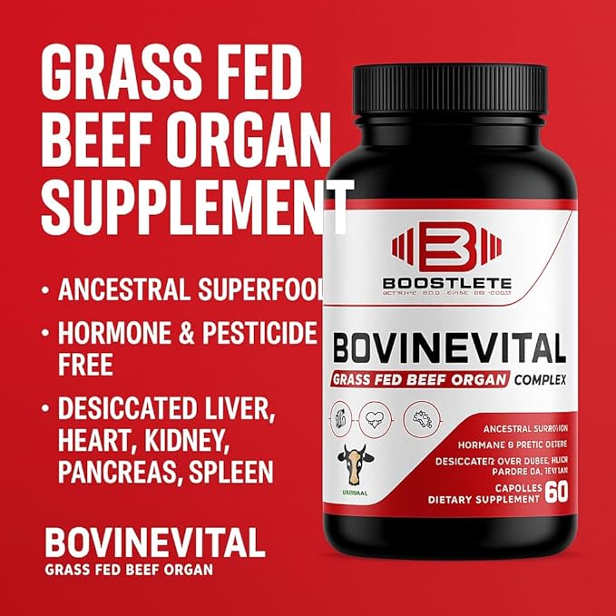 BovineVital Grass-Fed Beef Organ Supplement - Liver Heart Kidney Pancreas &amp Spleen – Natural Energy Digestion Immune &amp Cognitive Support – Non-GMO Hormone-Free – 120 Capsules