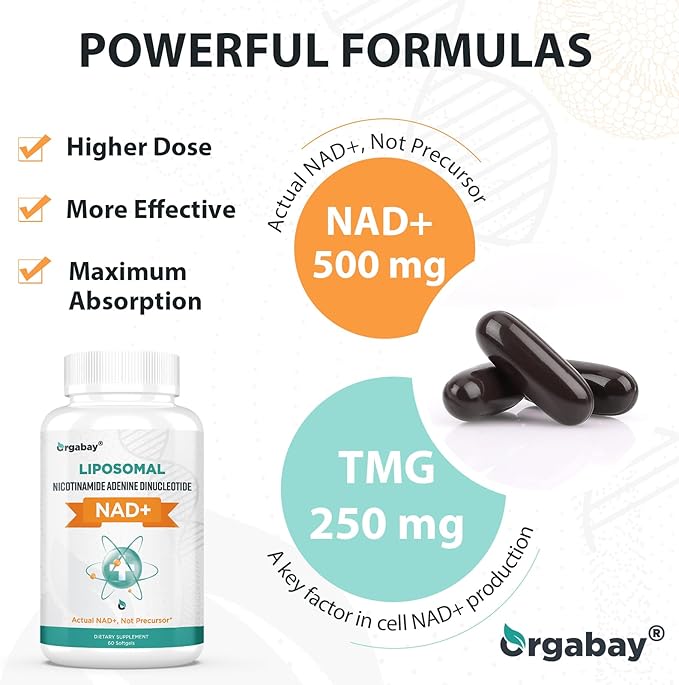 Orgabay Liposomal NAD+ Supplement 500 mg High Absorption Boost NAD+ with TMG 250 mg Actual NAD Plus More Efficient Than Nicotinamide Riboside Support Cellular Energy Healthy Aging | 60 Softgels