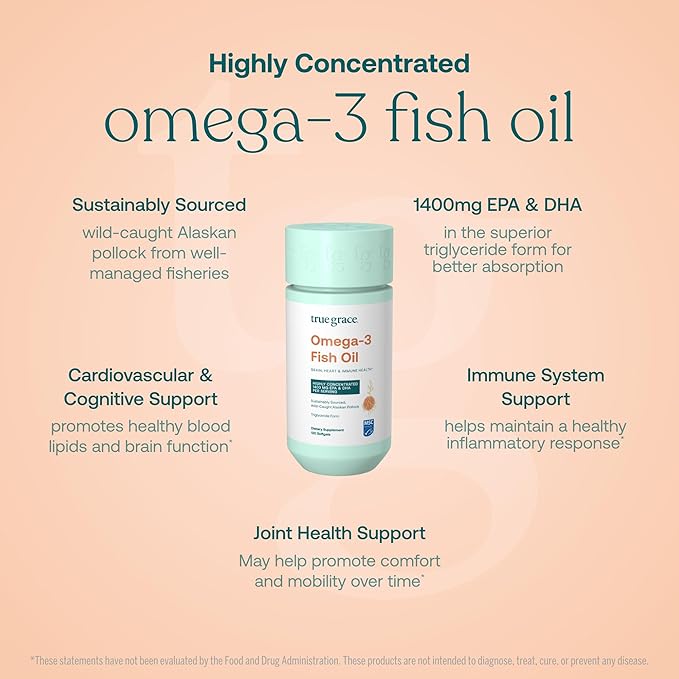 True Grace Omega-3 Fish Oil - 120 Softgels - 1400 mg EPA + DHA - Brain Heart Joint &amp Immune Health - Organic Gluten Free Soy Free