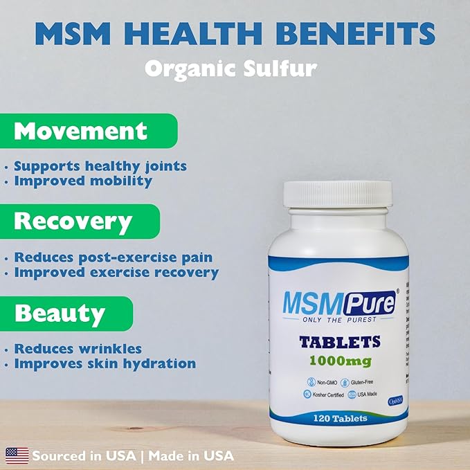 KALA HEALTH MSMPure MSM Tablets – 1000 mg US-Made MSM per Tablet for Joint Health Skin Appearance Hair &amp Nail Support – Coated for Easy Swallowing Tasteless – 120 Count