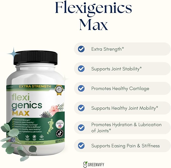 Flexigenics Max Extra Strength Joint Support Supplement 1500mg Glucosamine 60 Capsules 20 Day Supply (1)