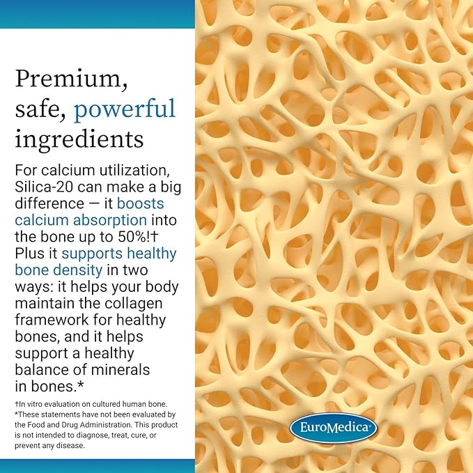 EuroMedica Silica-20 - Supplement Supports Bone Structure &amp Collagen Production - Strong Teeth &amp Healthy Bone Density Support - Aids Hair Skin &amp Nails Health - 60 Tablets (30 Servings)