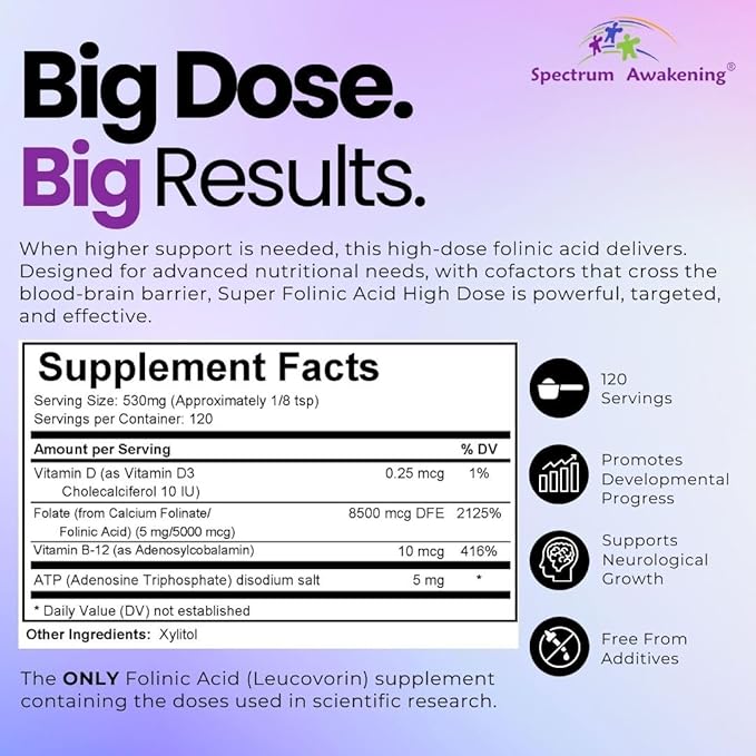 Spectrum Awakening Super Folinic Acid High Dose Powder | Leucovorin | Supports Normal Speech &amp Language Development in Children | 63 g