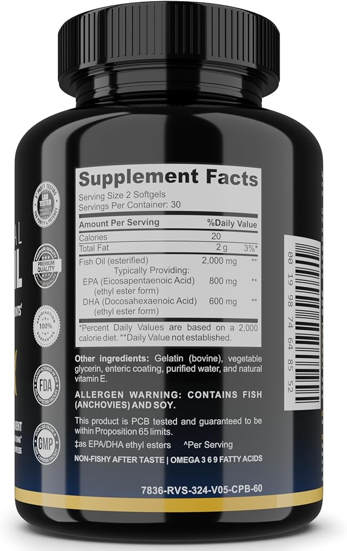 Fish Oil Supplement Omega 3 for Women &amp Men – Triple Strength 1400mg Omega-3 EPA/DHA - Burpless Wild-Caught Omegas 3-6-9 for Heart Brain Eye &amp Joint Support – 60 Softgels