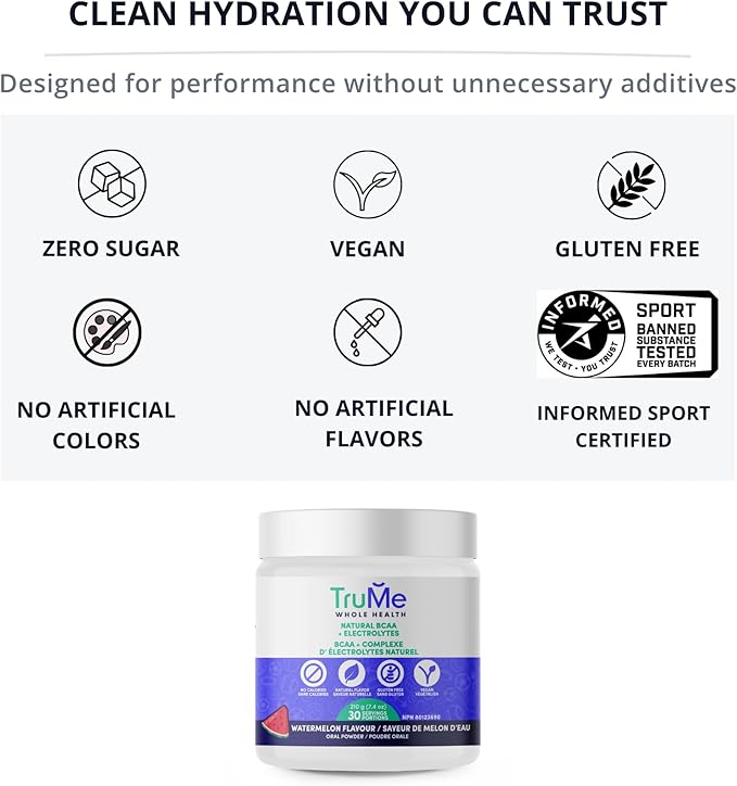 BCAA Powder with Electrolytes – Informed Sport Certified 2:1:1 Ratio (2.25g Leucine) Clean Amino Recovery No Sugar No Artificial Colors Watermelon