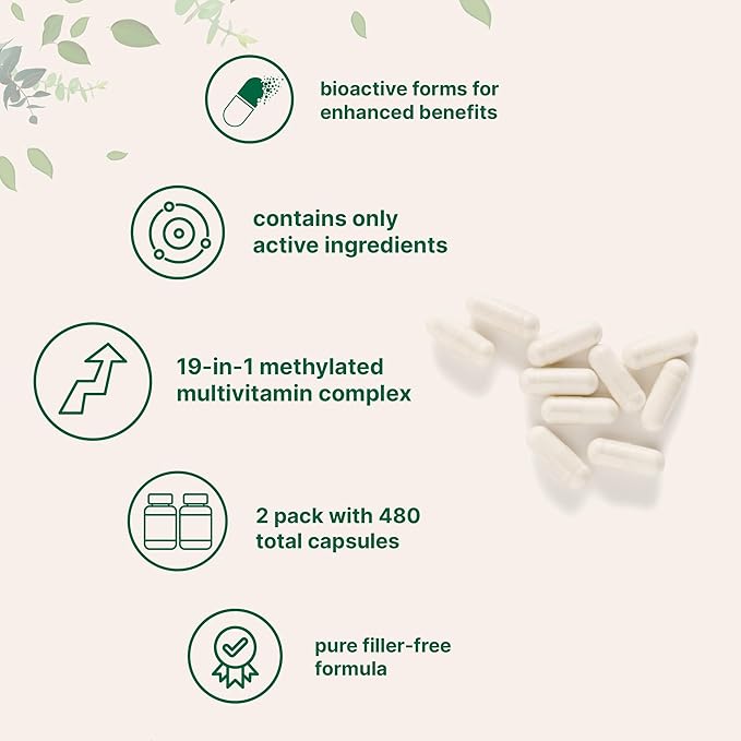 Micro Ingredients 2 Pack Pure Methylated Multivitamin 480 Capsules | 19-in-1 Formula with Vitamins C D B12 Folate Magnesium Zinc &amp More | Supports Daily Wellness &amp Immune Health | Fille