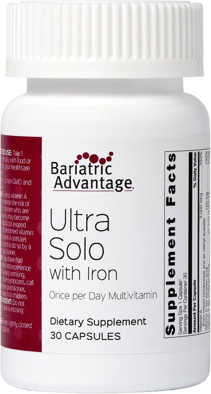 Bariatric Advantage Ultra Solo with Iron - Once-Per-Day Daily Multivitamin - for Bariatric Patients - with Thiamin Vitamin A &amp More - Gluten Free - 30 Capsules