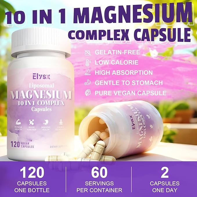 10 in 1 Magnesium 500mg Complex Capsule Magnesium for Women with L-theanine Acetyl-L-Carnitine R-Alpha Lipoic Acid Coq 10 B6 D3 &amp K2 Digestive Health Muscle &amp Nerve Sleep Vegan 120
