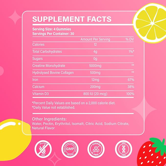 Creatine for Women Creatine Monohydrate Gummies with Collagen Vitamin D3 &amp Calcium for Muscles Booty &amp Energy Flavored Sugar Free Creatine Gummies Post &amp Pre Workout Supplements for Wo