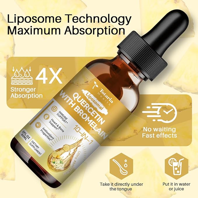 Totaria Liposomal Quercetin with Bromelain Liquid Drops - High Absorption Quercetin 1000mg &amp Bromelain 500mg Plus ElderberryVitamin CZinc for Immune &amp Antioxidant &amp Heart &amp Bone Supp