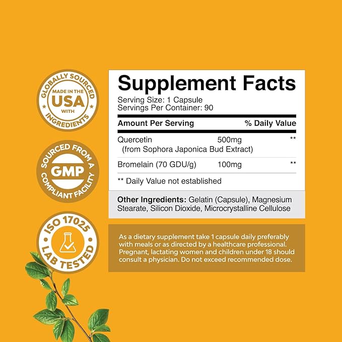 Pure Quercetin with Bromelain Supplement for Immune Aid - High Potent Quercetin 500mg Capsules with Bromelain for Immune Support &amp Breathing - Nutritional Respiratory Supplement - 90 Ct