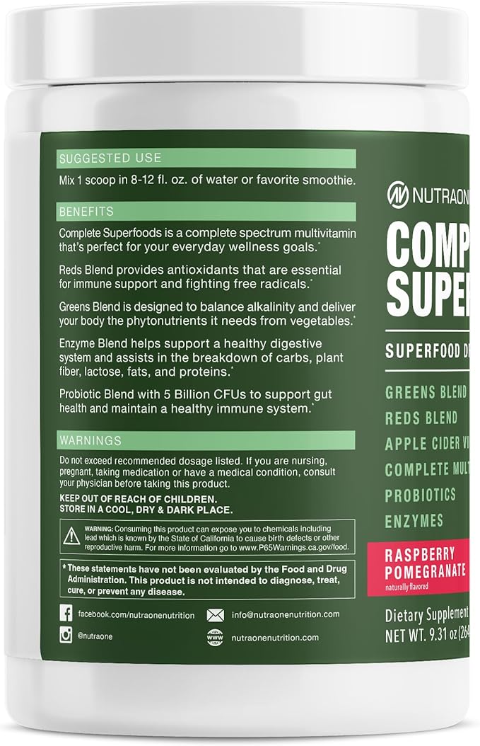 Complete Superfoods Greens &amp Reds Blend* Apple Cider Vinegar Digestive Enzyme Blend* Probiotic Blend* Multivitamin* (Raspberry Pomegranate - 30 Servings)