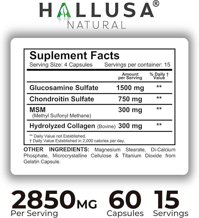 Hallusa Natural Halluflex Joint Support Supplement for Women &amp Men Glucosamine Chondroitin 2850mg 300 Capsules Plus Hydrolyzed Collagen Mobility Flexibility &amp Joint Health