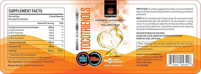 Kroppssund Tocotrienols 800mg Supplement | Rich in Vitamin E Tocotrienols - 60 Liquid Capsules