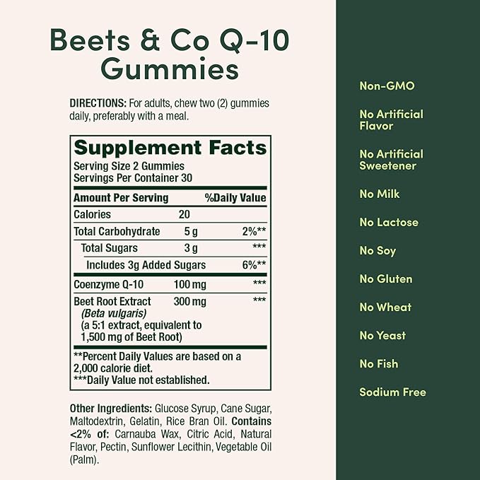 Nature's Bounty Beets &amp Co Q-10 Gummies for Heart Health Coenzyme Q10 Beet Root Extract Supports Healthy Circulation and Heart Function Cellular Energy Production Raspberry Flavor 60 Gummies