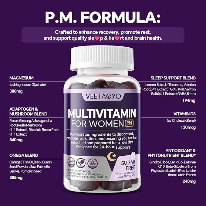 Multivitamin for Women AM &amp PM - Melatonin Free with w/Algae CalciumOmega-3Vitamin D3K2Magnesium for Energy &amp RelaxationRestSkinHair Support - Sugar Free 24-Hour Support Vegan120 Coun