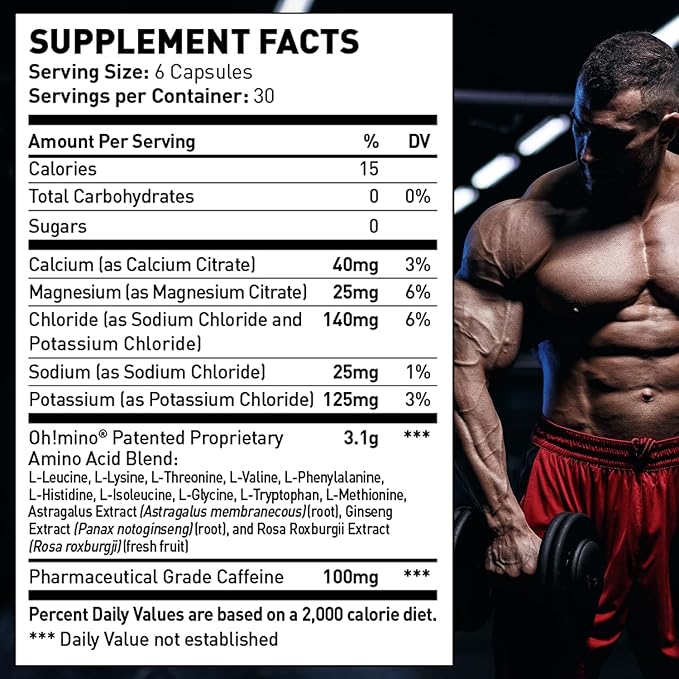 Oh!mino Essential Amino Acids Supplement Caffeinated Capsules All 9 EAAs BCAAs The Perfect Amino for Workouts Amino Energy and to Build Muscle and Recover Faster