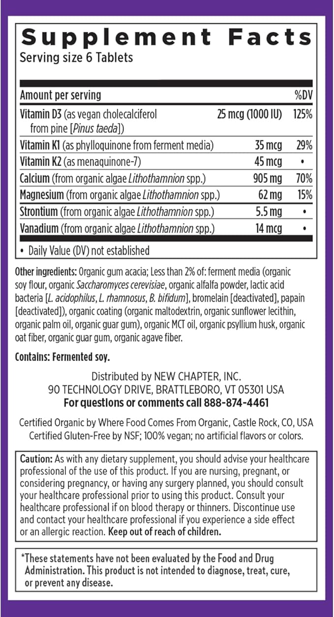 New Chapter Calcium Supplement - Bone Strength Tiny Tabs Plant-Based USDA Organic Calcium with Magnesium Vitamin D3+K2 for Bone Health &amp Joint Mobility Heart Support 905 mg dose - 120 Tiny Tab