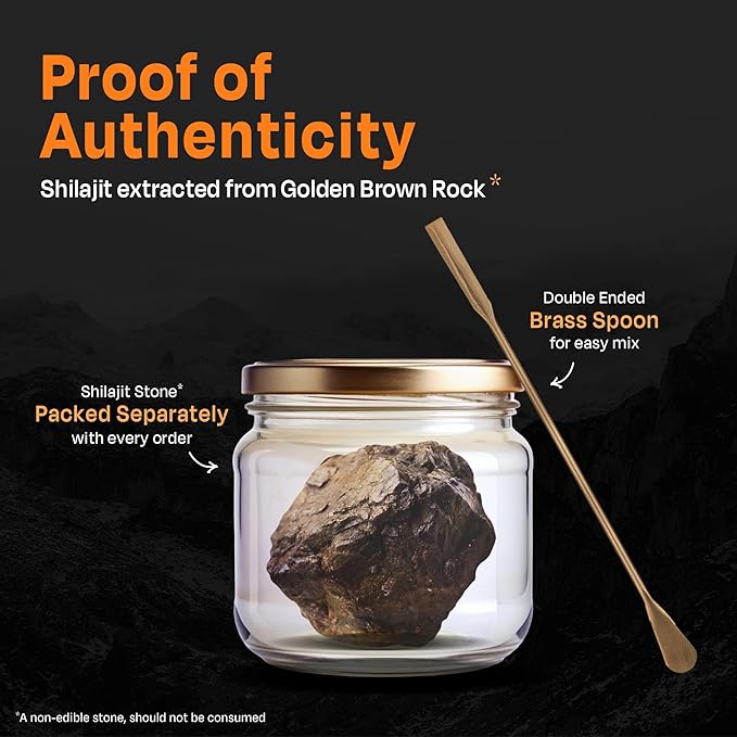 Auric Lab Certified High Altitude Shilajit/Shilajeet Resin 30g | 75% Fulvic Acid + Humic Acid |80+ Trace Minerals Real Brass Spoon and Shilajit Rock with Every Order