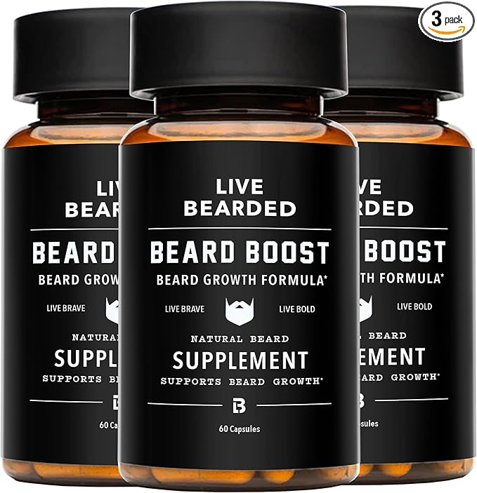 Live Bearded Beard Boost - Beard Growth Vitamins for Men with Biotin Collagen Silica Fo-Ti Root - Facial Hair Growth for Men Made in the USA | 90-Day Supply