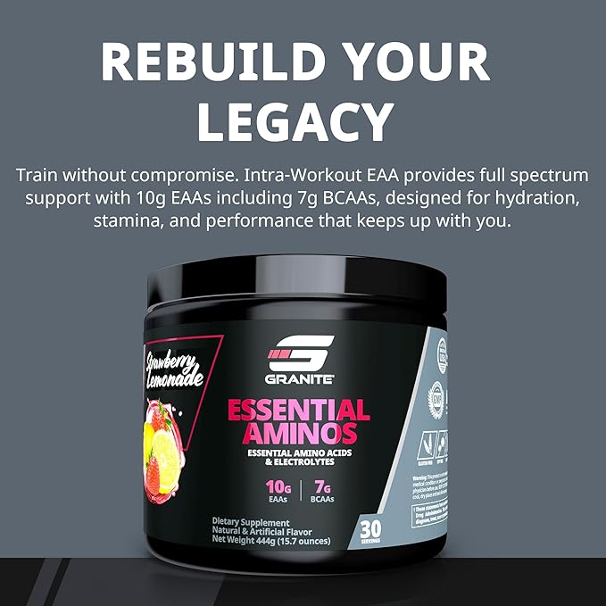 Granite Essential Amino Acids Powder for Muscle Recovery and Growth with 10g EAAs and 7g BCAAs - Soy-Free Gluten-Free 448g (30 Servings) Strawberry Lemonade