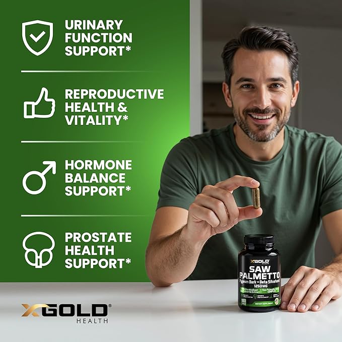 X Gold Health Saw Palmetto Prostate Supplement for Men | Pygeum Bark | Beta Sitosterol Supplement | Potent 3X Formula | Urinary Function Prostate | DHT Blocker Hair Growth| 4 Month Supply Made in USA