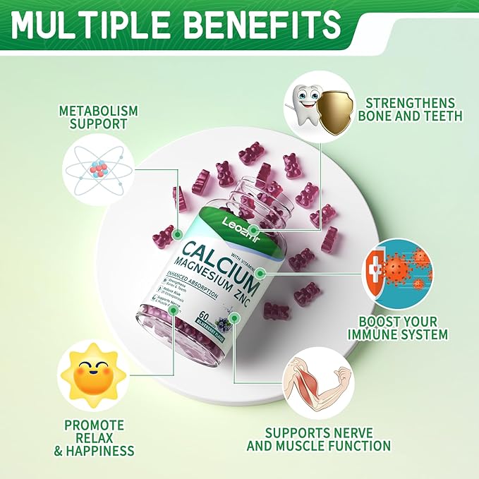 Calcium Magnesium Zinc Gummies with Vitamin D3 &amp K2 - High Potency Enhanced Absorption -120 Blueberry Gummies Flavored
