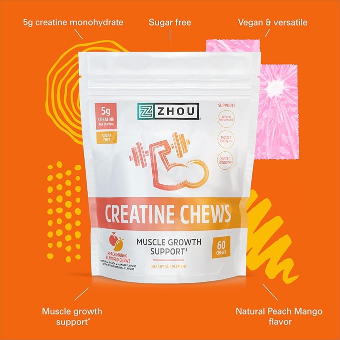 ZHOU Creatine Chews - Creatine Monohydrate Gummies for Men &amp Women with Vitamin B12 Sugar Free Vegan Organic Non GMO 5g Per Serving - Peach Mango Flavor 20 Servings 60 Chews