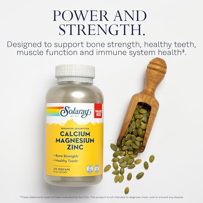 SOLARAY Calcium Magnesium Zinc Supplement - with Calcium 1000mg Magnesium 500mg - Bone Health Muscle Function Heart Health and Immune Support - Vegan 60 Day Guarantee 68 Servings 275 VegCaps
