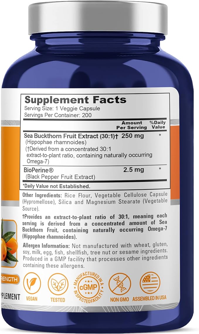 NusaPure Sea Buckthorn Omega-7 250 mg 200 Veg Capsules (Non-GMO Vegan)