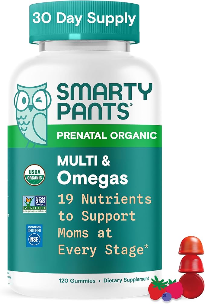 SmartyPants Organic Prenatal Vitamins for Women Multivitamin Gummies: Biotin Methylfolate Omega 3 (ALA) Vitamin D3 C Vitamin B12 B6 A K2 &amp Zinc Choline Vegetarian 120 Count (30 Day Sup