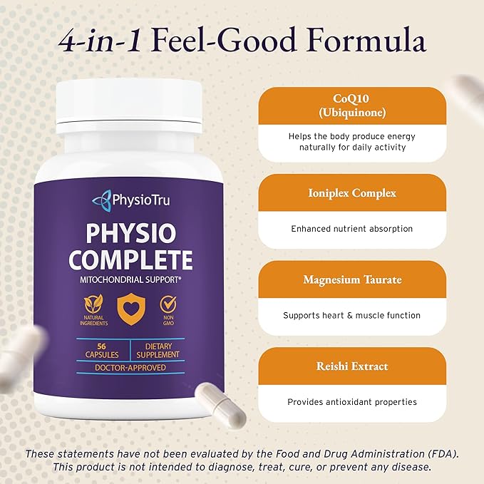 PhysioTru Physio Complete CoQ10 Supplement - Superior Nutrient Absorption Antioxidant &amp Energy Support - Coenzyme Q10 Ubiquinone with Fulvic Acid Magnesium Taurate &amp Reishi Extract - 1 Pack