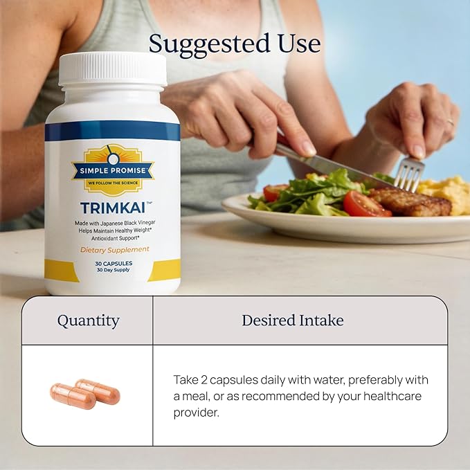 Simple Promise TrimKai - Japanese Black Vinegar Capsules for Metabolism Support - with Astaxanthin 12mg Seaweed &amp Black Pepper Extract - Plant-Based Formula - 30 Capsules