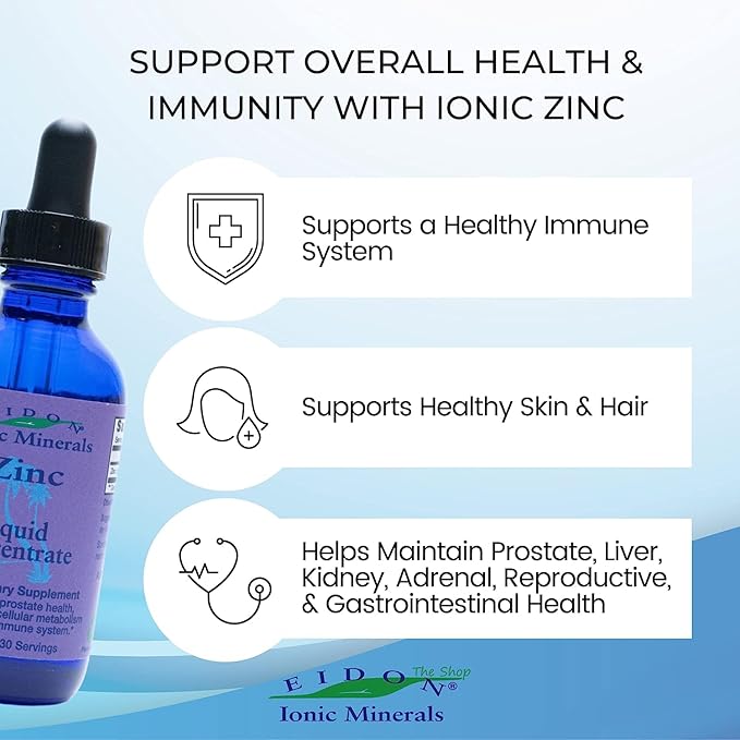 Eidon Ionic Minerals Liquid Silica &amp Zinc Drops 2 Fl Oz Immune Health Skin Care All-Natural Ingredients No Artificial Colors or Preservatives