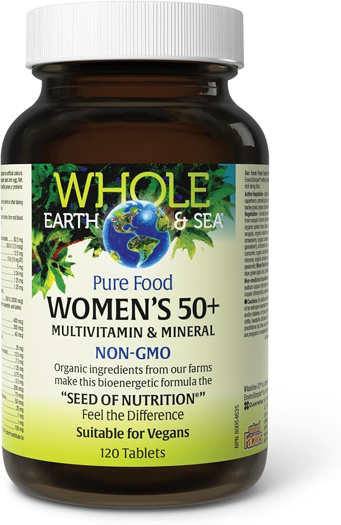 Natural Factors Whole Earth &amp Sea Women's 50+ Multivitamin &amp Mineral - Daily Multivitamin with Calcium Selenium &amp More - Supports Bone &amp Brain Health - 120 Tablets (60 Servings)